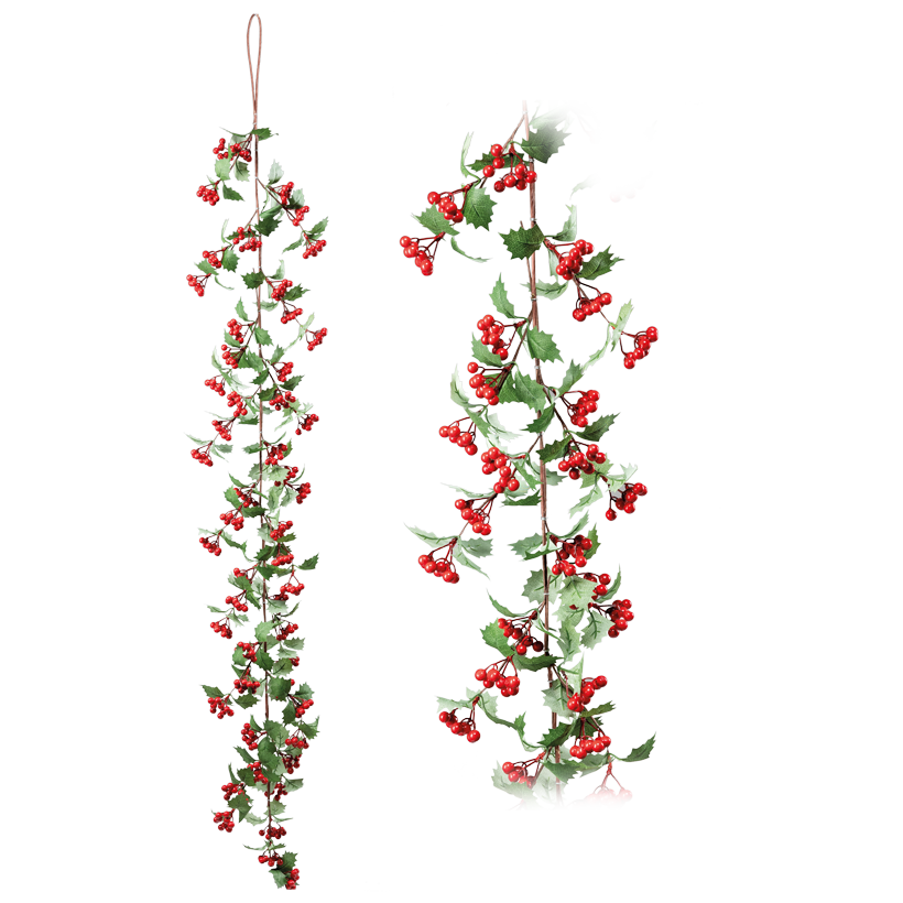 Holly garland with berries, 180cm out of plastic, flexible