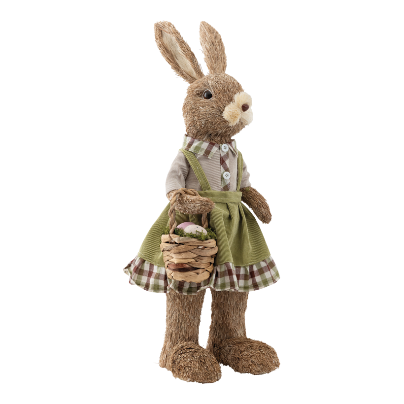 Lapin avec robe, 58x20x18cm en fibre synthétique/polystyrène/paille, panier avec oeufs de Pâques, debout