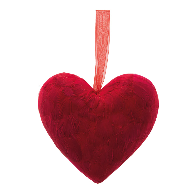 Coeur avec cintre, H: 21cm recouvert de plumes, en mousse dure