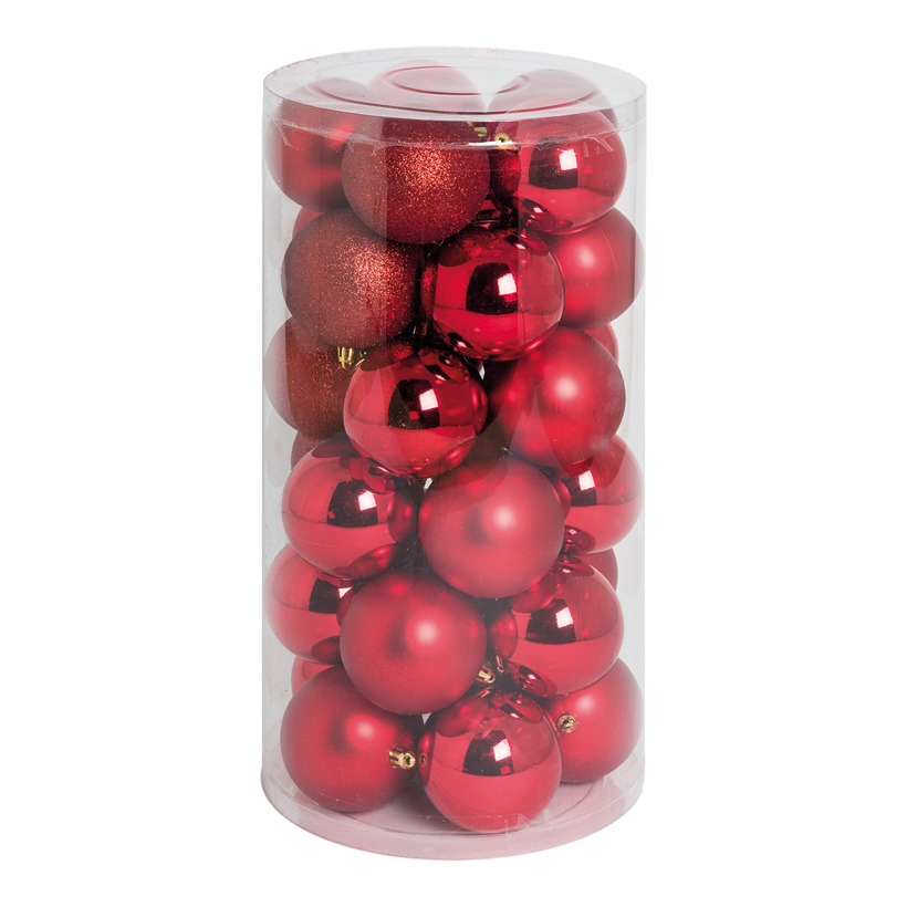 30 Boules de Noël, rouge, Ø 8cm en plastique, sous blister, 12x brillant, 12x mat, 6x scintillant