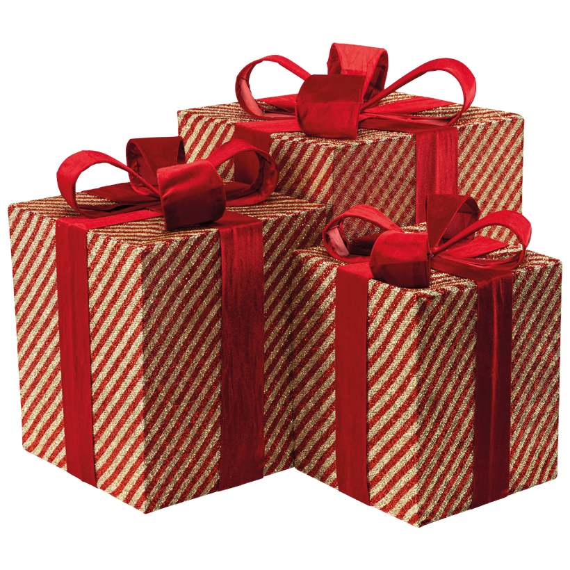 Gift boxes, 42x28x28cm, 47x34x34cm und 57x40x40cm 3 pcs./set, out of glitter fabric and metal, striped, nestable