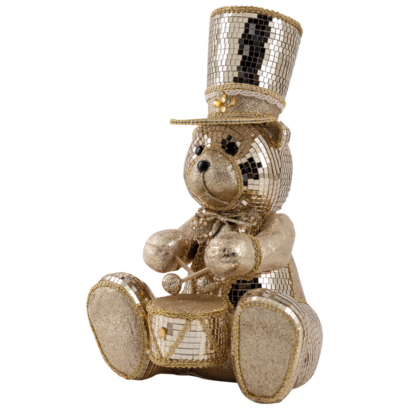 Teddy bear, with drum, 36x23x14cm out of styrofoam and plastic, decorated with mirror tiles, glittered