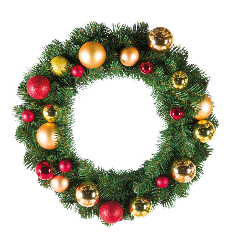 Pine wreath, Ø90cm decorated w. different kinds of baubles, 260 PVC-tips, flame retardant