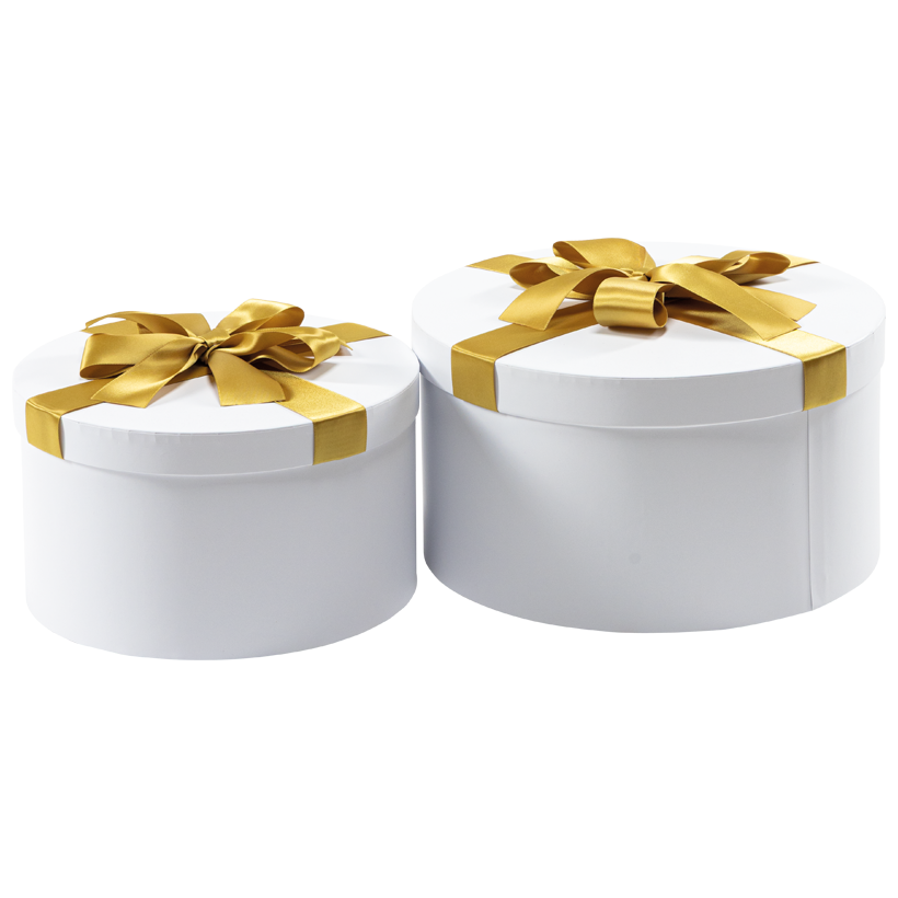 Boîtes cadeaux, rondes, Ø 25cm Höhe 14cm und Ø 30cm Höhe 16cm 2pcs/set, en carton recouvert de velours, emboîtables, couvercle amovible