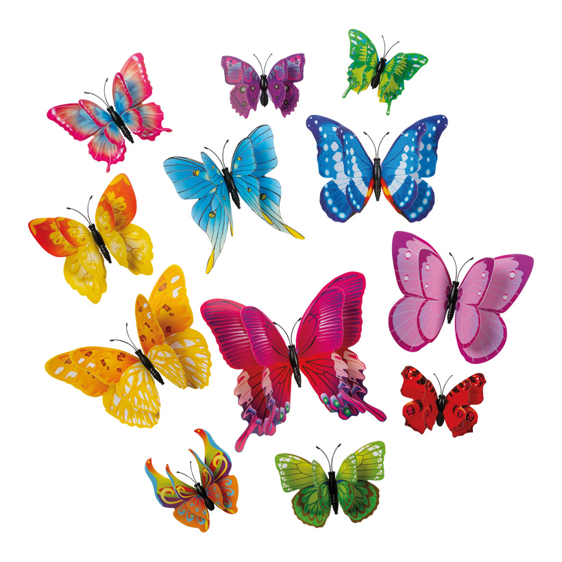 3D Butterflies, 6-12cm 12-fold, out of plastic, in a bag, with magnet including adhesive dots