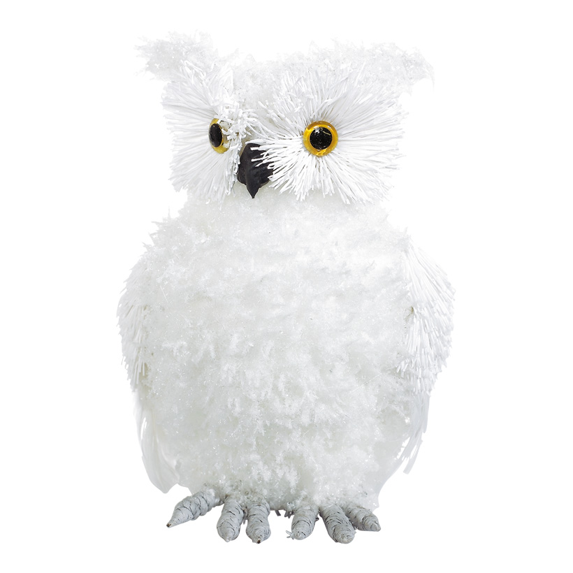 Snowy owl 24cm hoch, flocked with white feathers, styrofoam