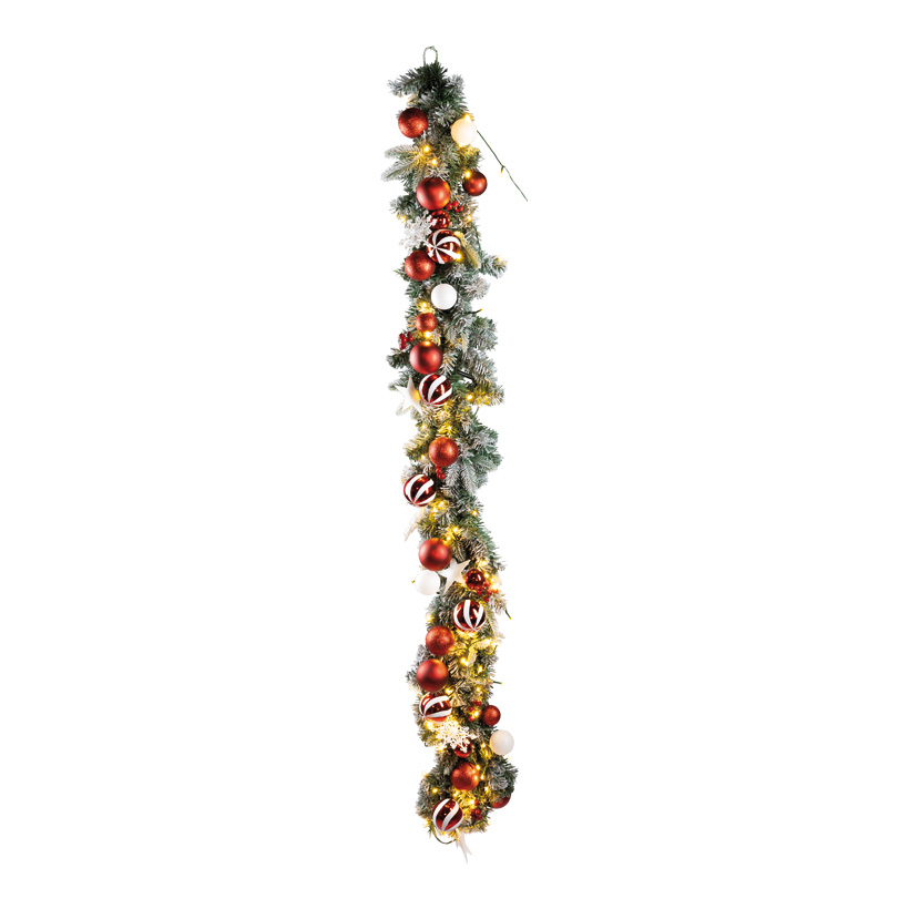 Fir garland, snowed, 180cm Ø 30cm out of plastic, with 100 warm white LEDs, one-sided decorated with balls, stars and berries