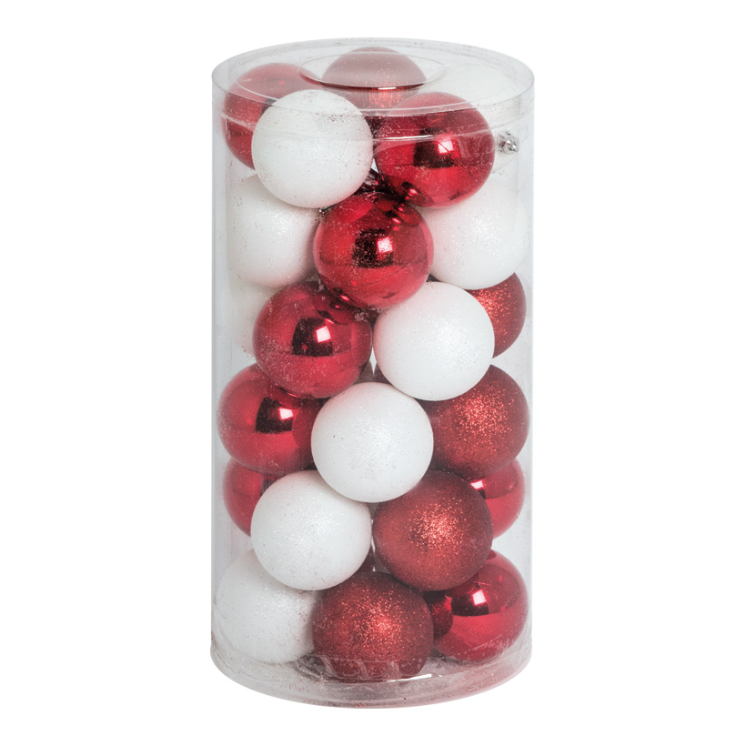 30 Boules de Noël, rouge/blanc, Ø 6cm en plastique, sous blister, 12x brillant rouge, 12x mat blanc, 6x scintillant rouge