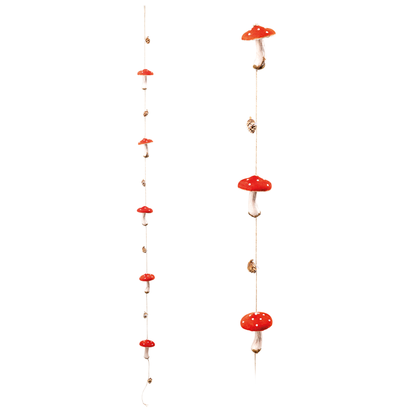 Fly agaric garland, 180cm Pilze ca. 6x8cm, Zapfen ca. 3x2cm 5-fold, out of styrofoam, with real pine cones