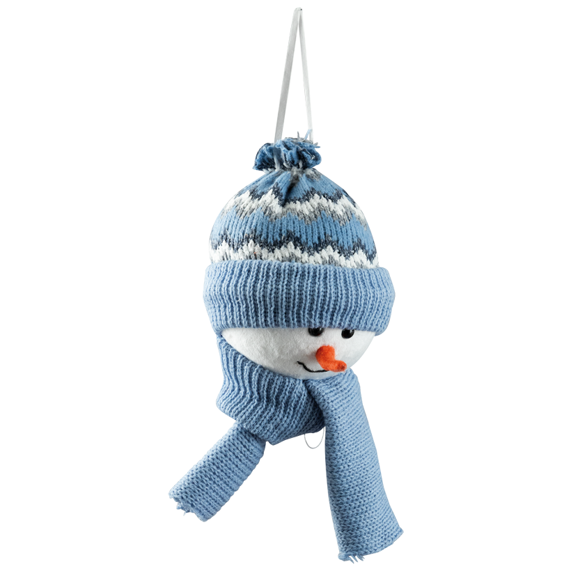 Snowman head, 16x15x32cm out of styrofoam and fabric, with scarf and hat, with hanger