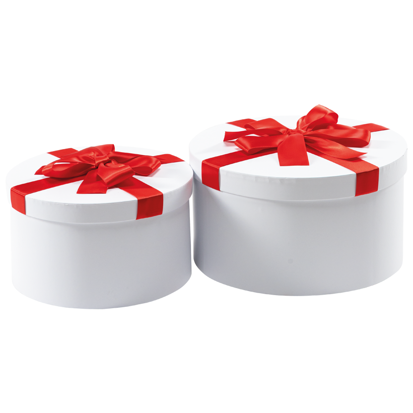 Boîtes cadeaux, rondes, Ø 25cm Höhe 14cm und Ø 30cm Höhe 16cm 2pcs/set, en carton recouvert de velours, emboîtables, couvercle amovible