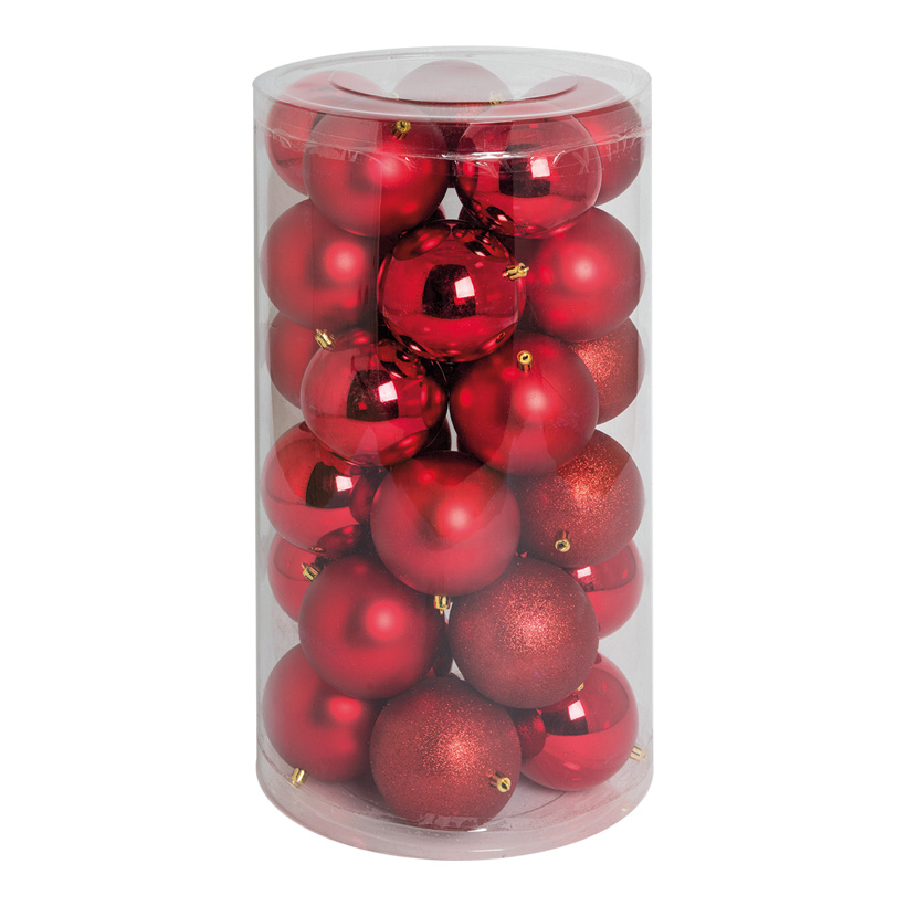 30 Christmas balls, red, Ø 10cm 12x shiny, 12x matt, 6x glittered