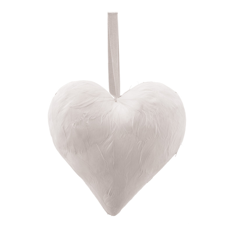 Coeur avec cintre, H: 15cm recouvert de plumes, en mousse dure