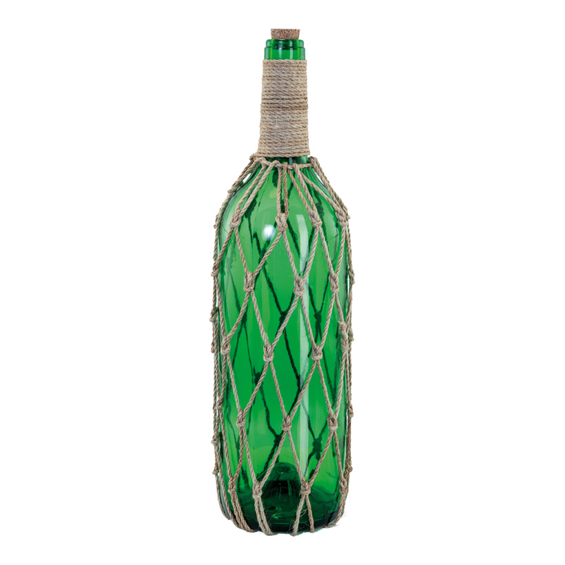 Bottle message with cork, H: 47cm decorated with rope, made of glass