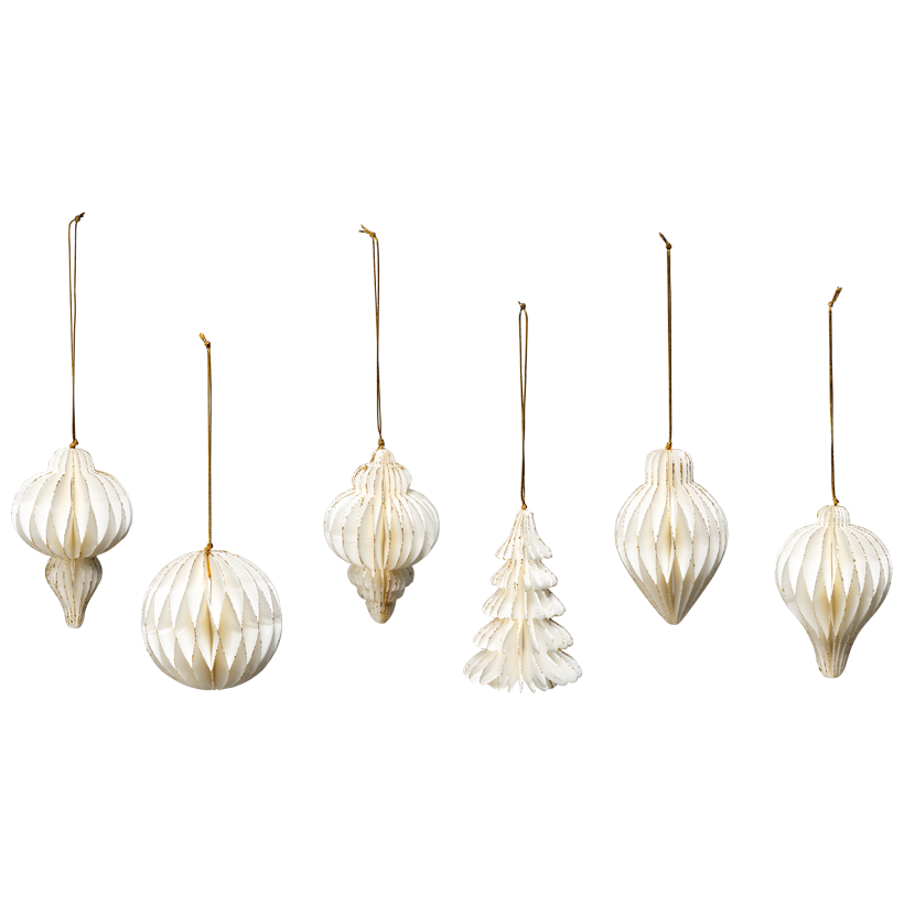 Christmas tree ornaments, 10cm 6 pcs./blister, out of paper, with golden glitter edges