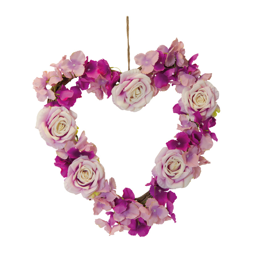 Kranz in Herzform, Ø 48cm aus Holzzweigen/Kunstseide, einseitig mit Blüten & Rosen beschmückt, biegsam