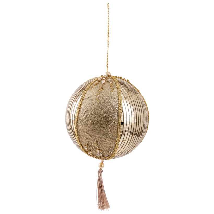 Ball, with hanger and tassel, 15cm out of styrofoam and plastic, decorated with mirror tiles, glittered