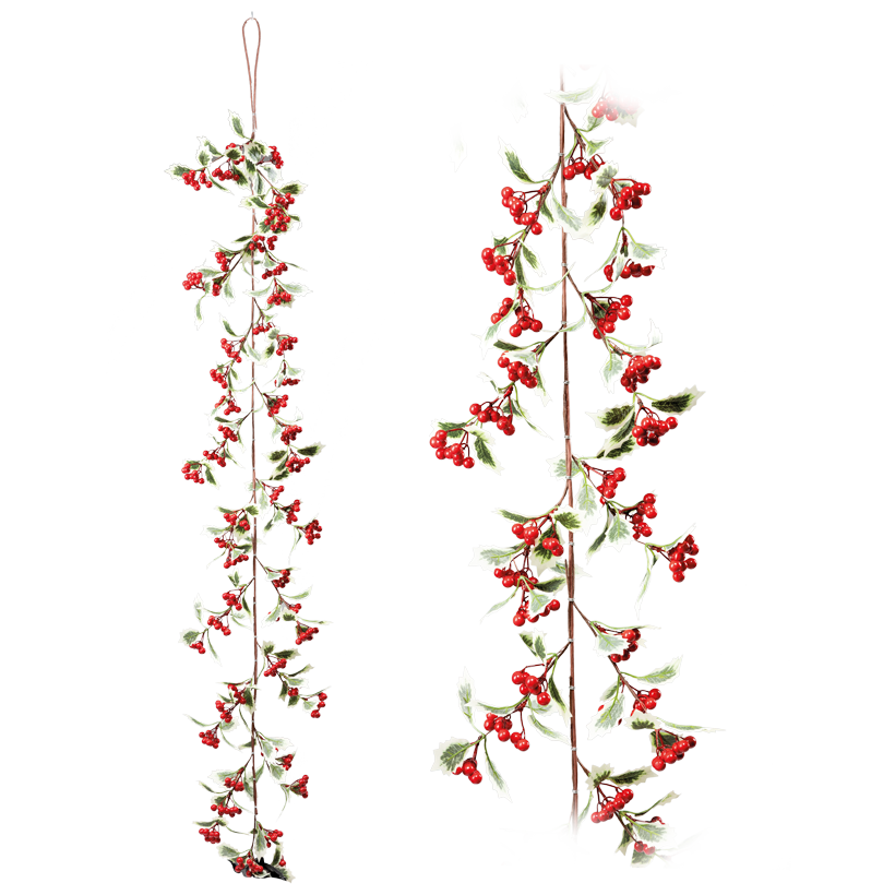 Holly garland with berries, 180cm out of plastic, flexible
