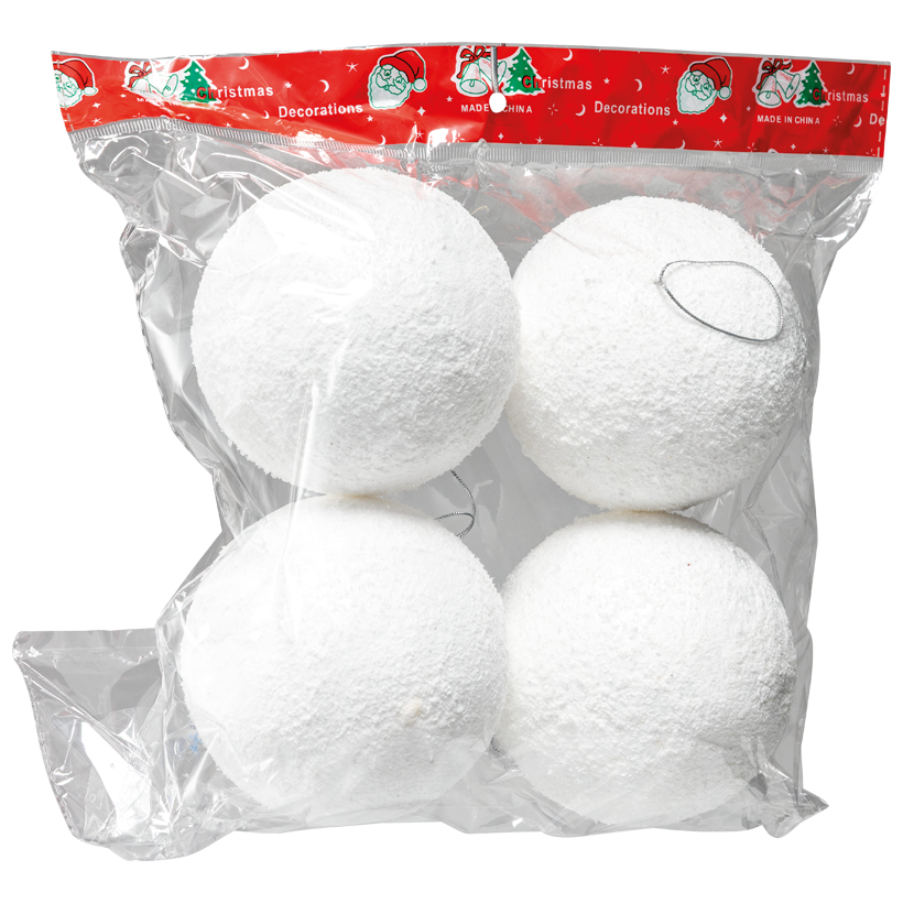 Snowballs, Ø 10cm 4 pcs./bag, out of styrofoam, flocked, with silver cord