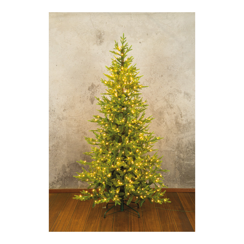 Edeltanne, PE/PVC-Mix, 210cm Ø ca.120cm mit 3.286 Tips, Verhältnis 29% PE/71% PVC, mit 700 warm weißen LEDs, 3-teilig + Metallständer, für Innen