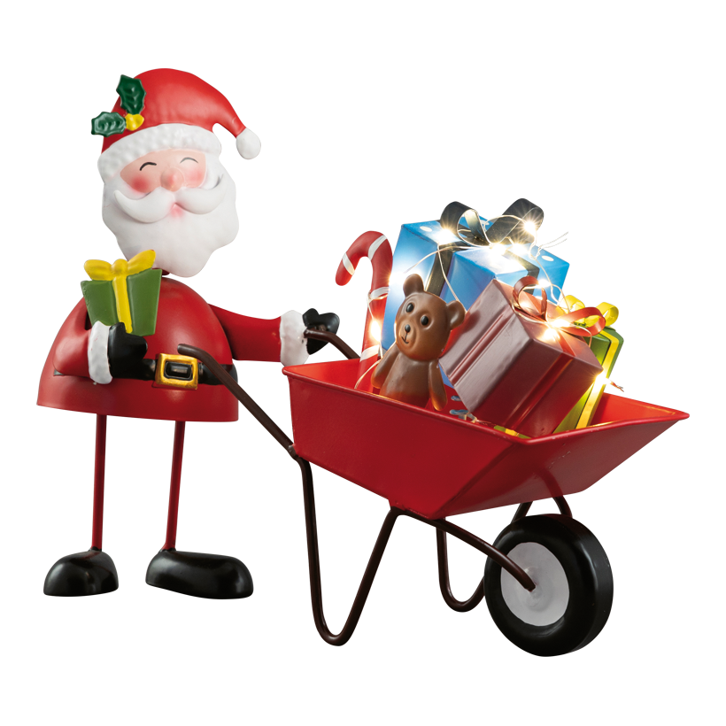 Santa Claus with wheelbarrow, 27x17x10cm out of sheet metal, battery-operated 2x AAA required