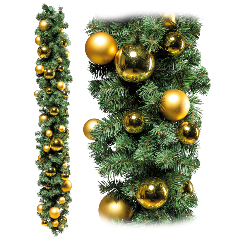 Noble fir garland, "Deluxe", double-sided, 180cm, Ø 30cm 4x Ø 12cm, 6x Ø 10cm, 12x Ø 8cm und  24x Ø 6cm with 46 balls in shiny and matt, out of PVC and plastic, with 180 tips, flame retardant according to EN71-2