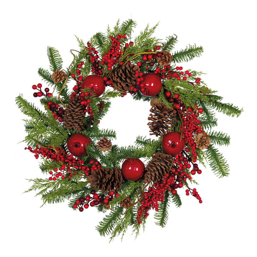 Fir wreath Ø 70cm out of plastic/styrofoam, with pomegranates, cones and berries
