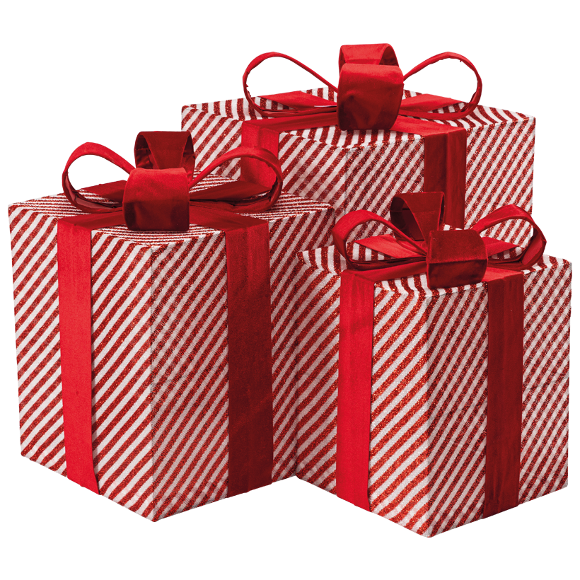 Gift boxes, 42x28x28cm, 47x34x34cm und 57x40x40cm 3 pcs./set, out of glitter fabric and metal, striped, nestable