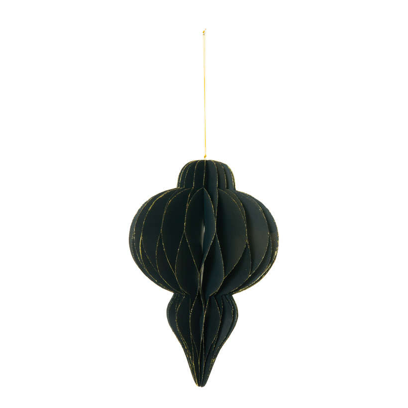 Ornament, 30cm tropfenförmig, faltbar, mit Hänger, aus Papier, mit gold glitzernden Rändern, mit Magnetverschluss