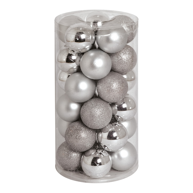 30 Boules de Noël, argent, Ø 6cm en plastique, sous blister, 12x brillant, 12x mat, 6x scintillant