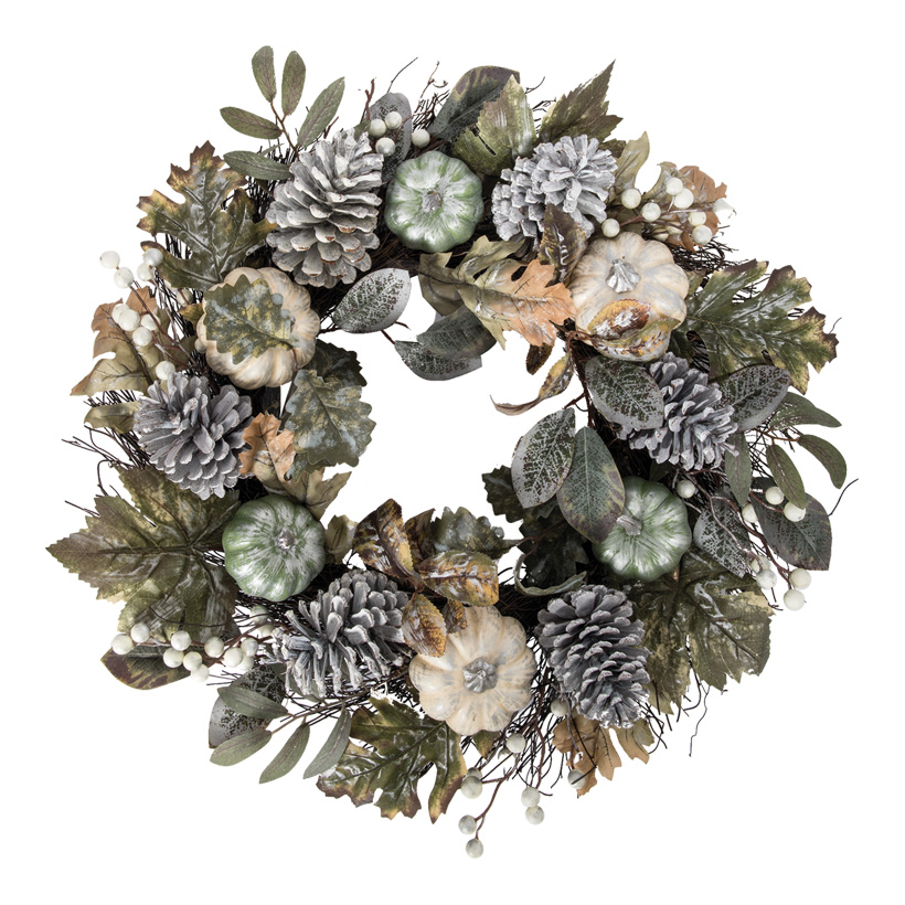 Couronne de pin, Ø 56cm décoré, avec des cônes, feuilles et baies, & citrouilles-mini