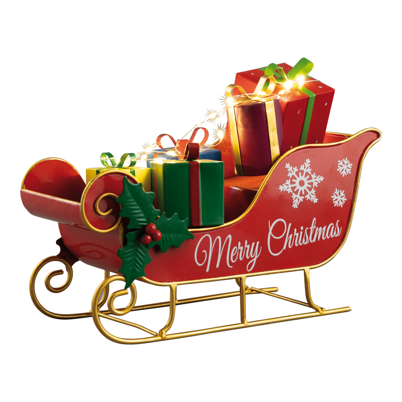 Schlitten mit Weihnachtsgeschenke, 27x20x13cm aus Blech, batteriebetrieben 2x AAA erforderlich