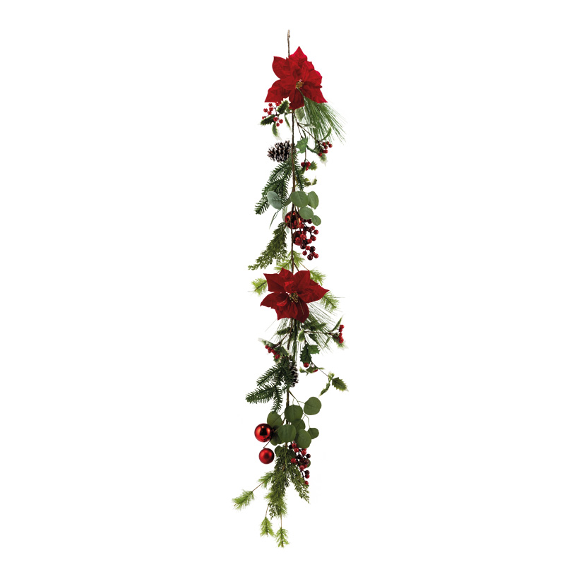 Garland, decorated, 162cm out of plastic/artificial silk, with christmas balls,berries, poinsettia,flexible