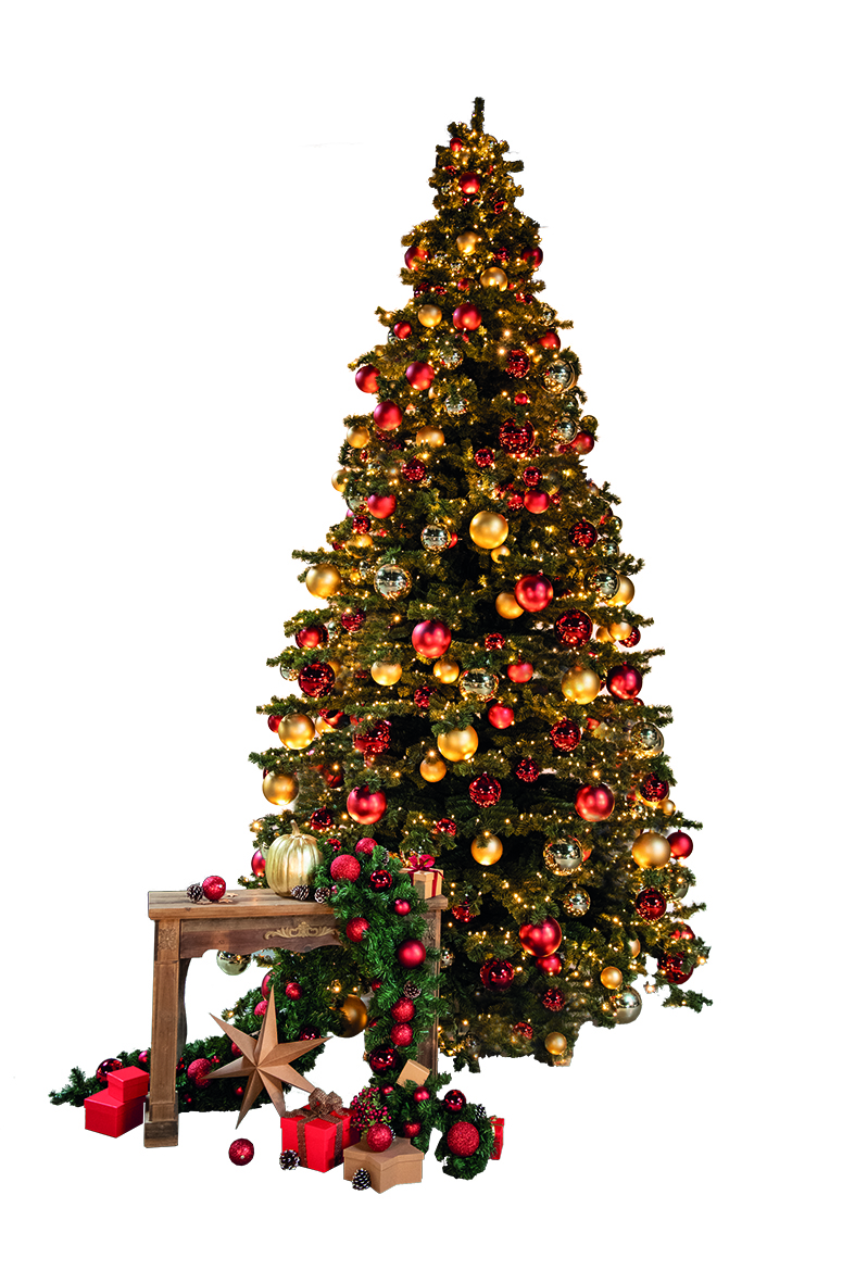 # Gigantbaum, 400cm Ø 250cm mit 5.858 Tips, mit Metallständer, für Innen, 20 Lichterketten a 10m und 100 LEDs, 36V, total 393 Kugeln in 5 verschiedenen Durchmessern