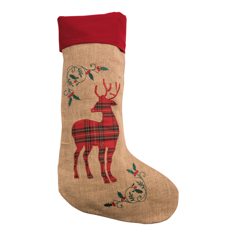 Jute-Weihnachtsstrumpf, 52x20cm aus Samt. Red Tartan Deer berduckt, mit Hänger,
