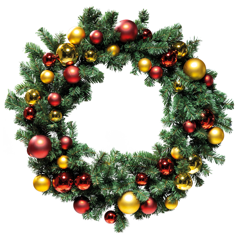 Noble fir wreath, "Deluxe", one-sided, Ø 90cm 8x Ø 10cm, 12x Ø 8cm und 24x Ø 6cm with 44 balls in shiny and matt, out of PVC and plastic, with 180 tips, flame retardant according to EN71-2
