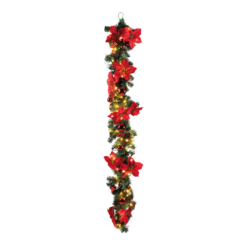 Fir garland, 180cm Ø 30cm out of plastic, with 100 warm white LEDs, with poinsettias, cones, berries, balls,gift boxes