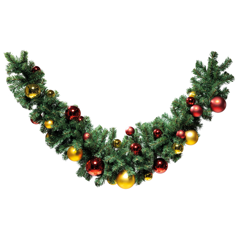 Noble fir swag, "Deluxe", double-sided, 180cm, Ø 35cm 2x Ø 12cm, 6x Ø 10cm, 8x Ø 8cm und 12x Ø 6cm with 28 balls in shiny and matt, out of PVC and plastic, with 180 tips, flame retardant according to EN71-2