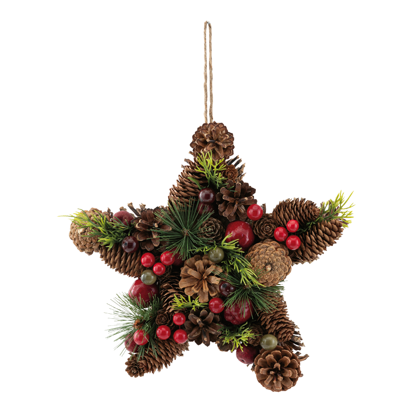Star with jute-hanger, 28x8cm out of plastic/natural material, one-sided, back only decorated with cones
