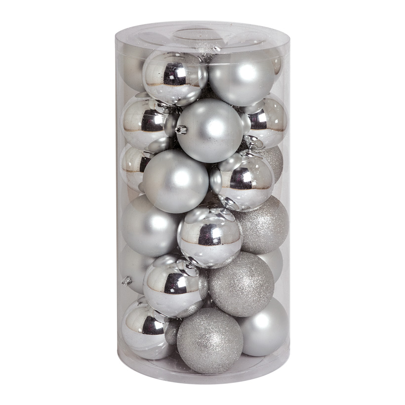 30 Christmas balls, silver, Ø 8cm 12x shiny, 12x matt, 6x glittered