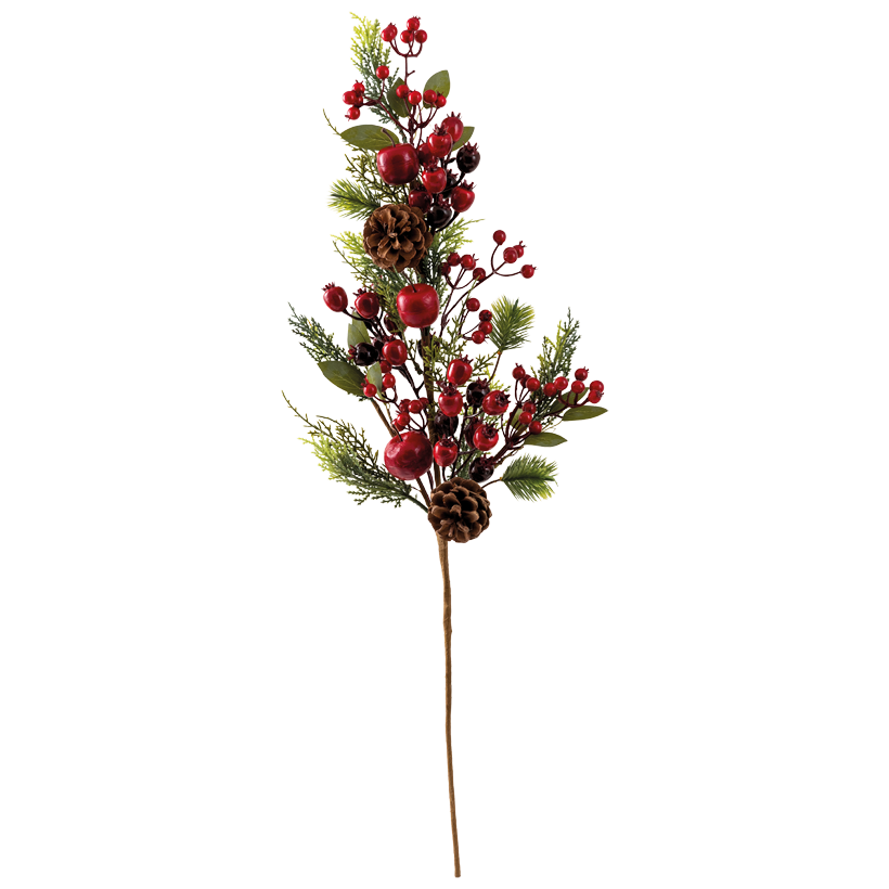 Fir twig, flexible, 60cm Stiel ca. 31cm out of plastic and styrofoam, with berries, real cones and apples
