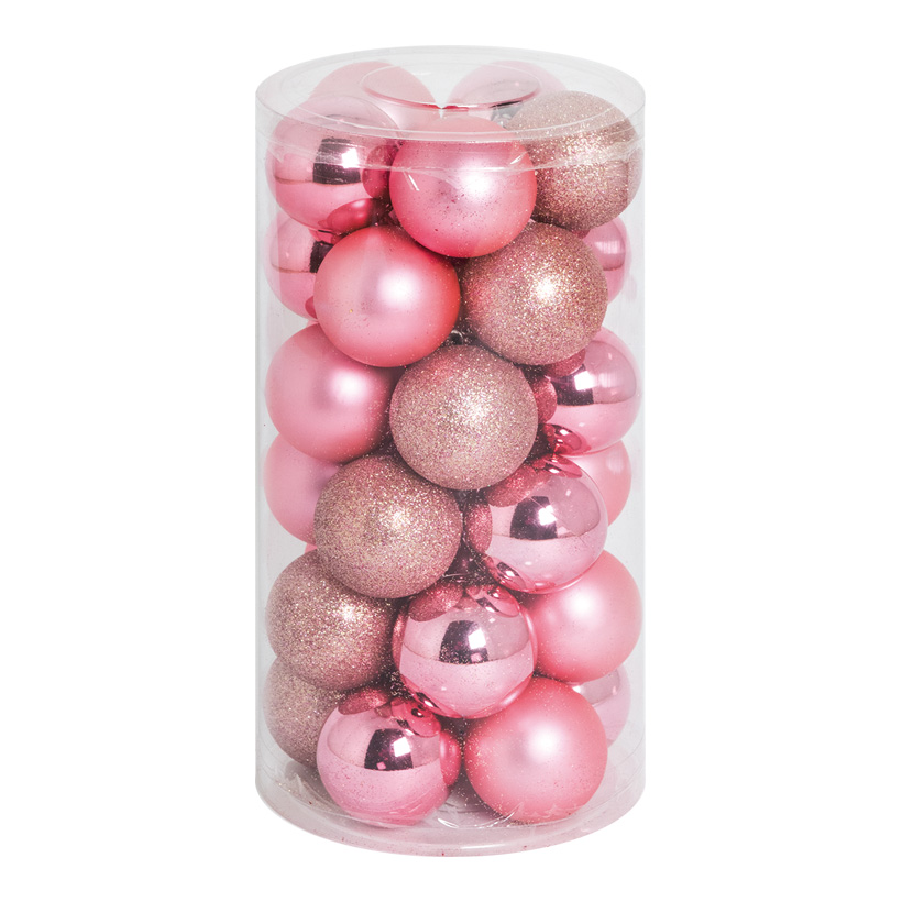 30 Boules de Noël, rose, Ø 6cm en plastique, sous blister, 12x brillant, 12x mat, 6x scintillant