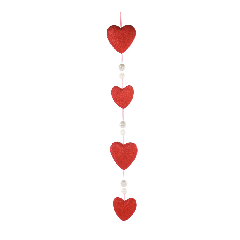 Heart chain, 150cm, 4-fold, 6 beads, with glitter, styropor/plastic