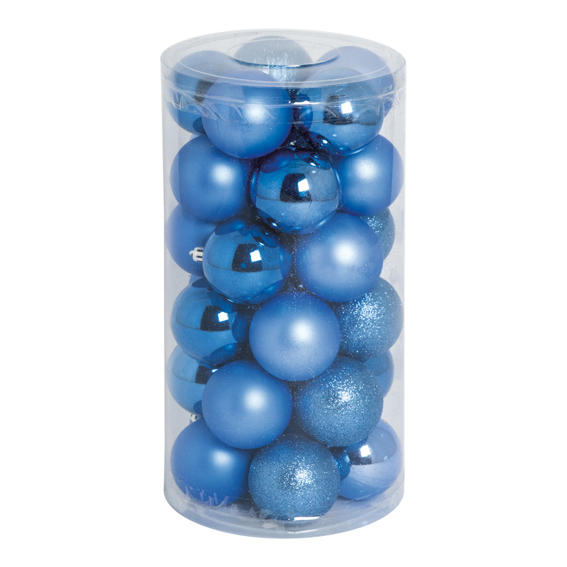 30 Boules de Noël, bleu, Ø 6cm en plastique, sous blister, 12x brillant, 12x mat, 6x scintillant