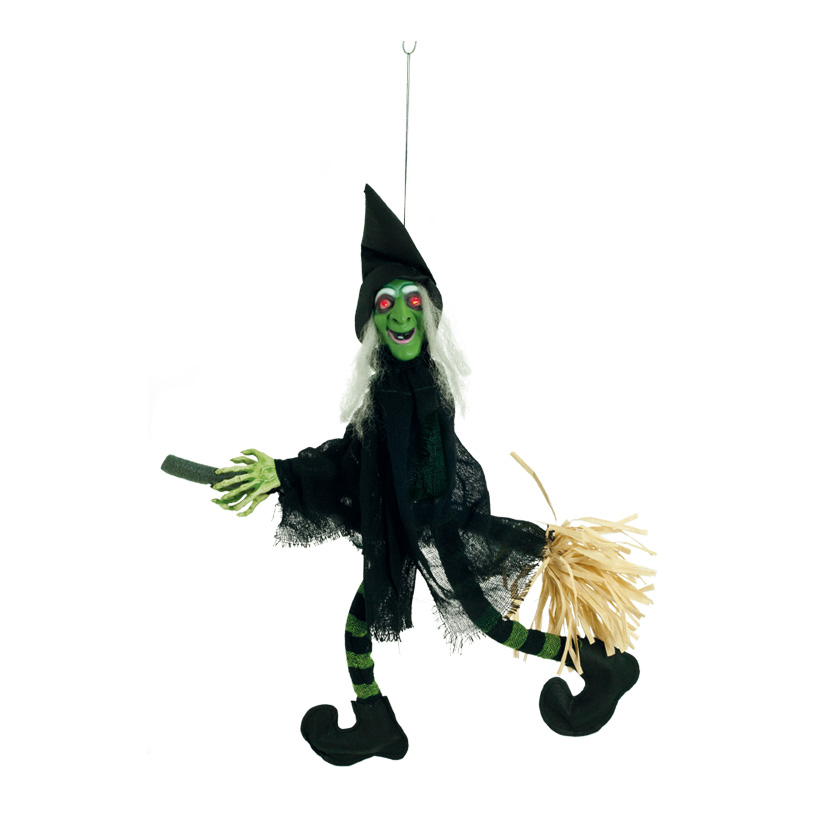 Witch on broom, 70x45cm, legs are moving, speaks+laughs, eyes blink red, 3x AA batteries (not incl.)