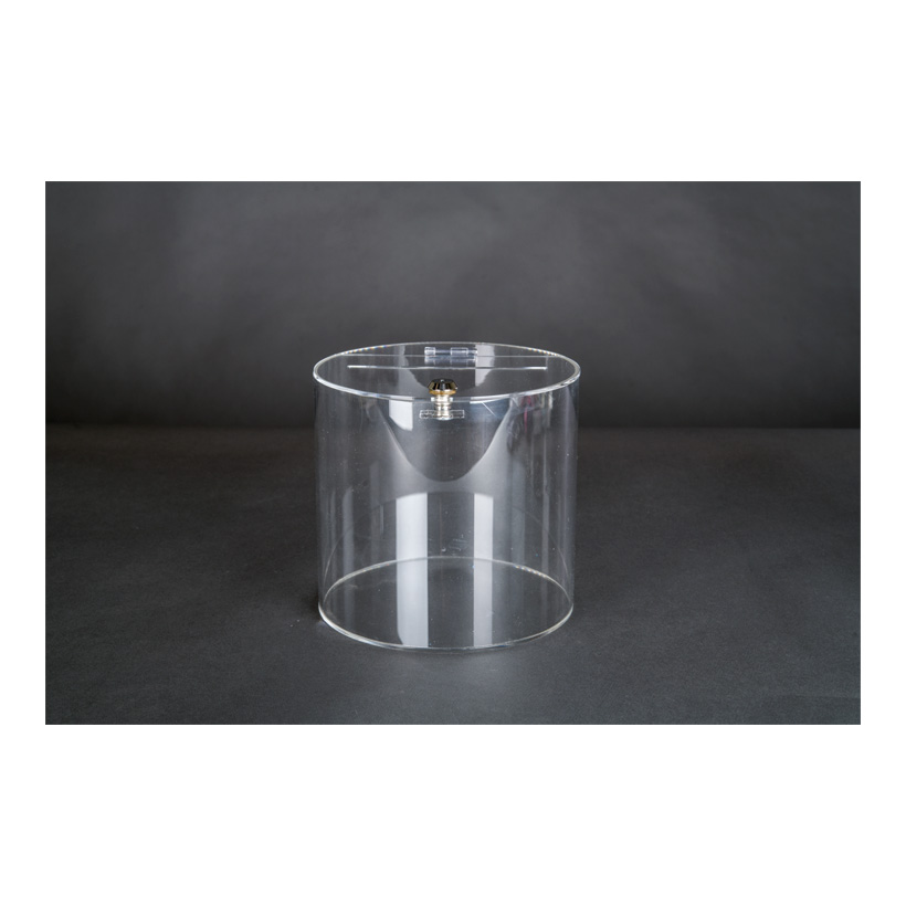 # Acrylic raffle box, 15x15x17cm cylindric, with lockable top-plate