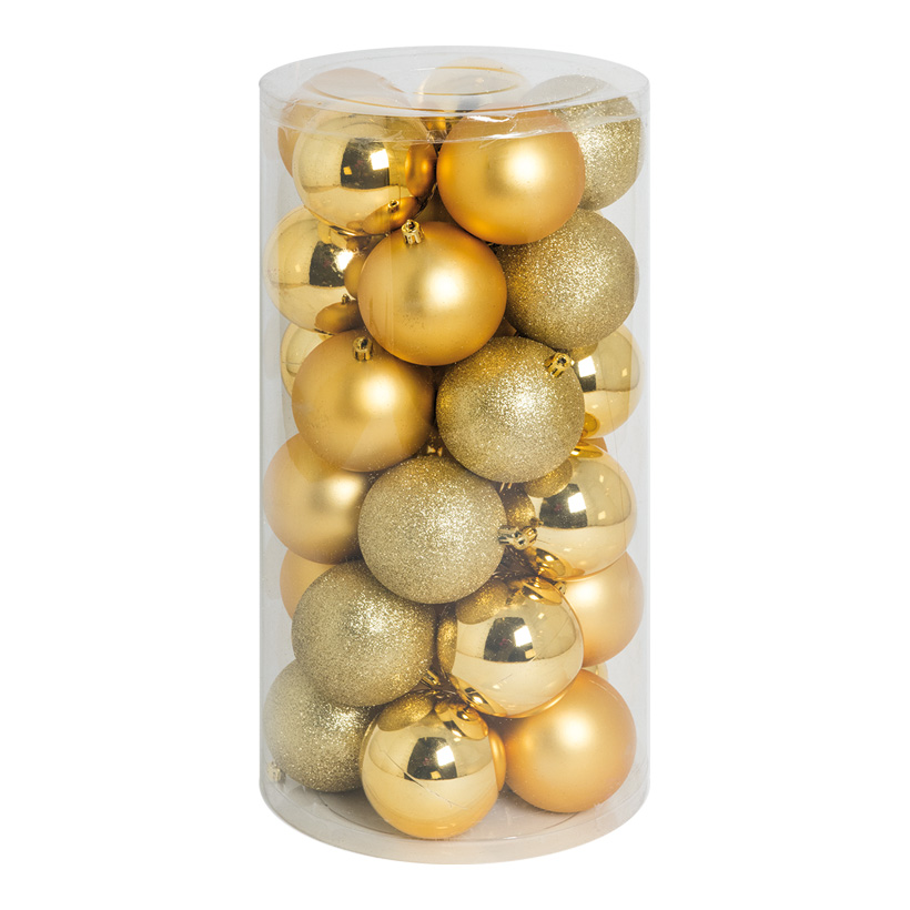 30 Boules de Noël, or, Ø 8cm en plastique, sous blister, 12x brillant, 12x mat, 6x motif effacé