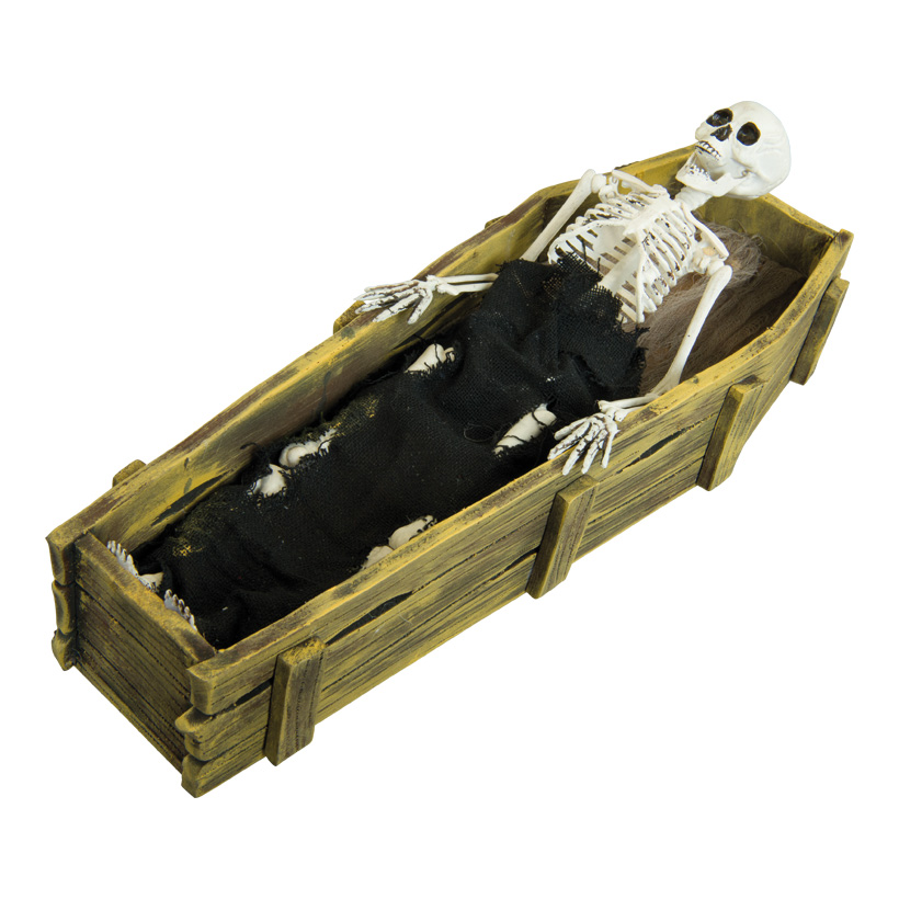 Skeleton in coffin, 44x15x9cm makes sounds and moves, made of stryofoam/plastic/textile, battery-powered, 3x AAA, not included