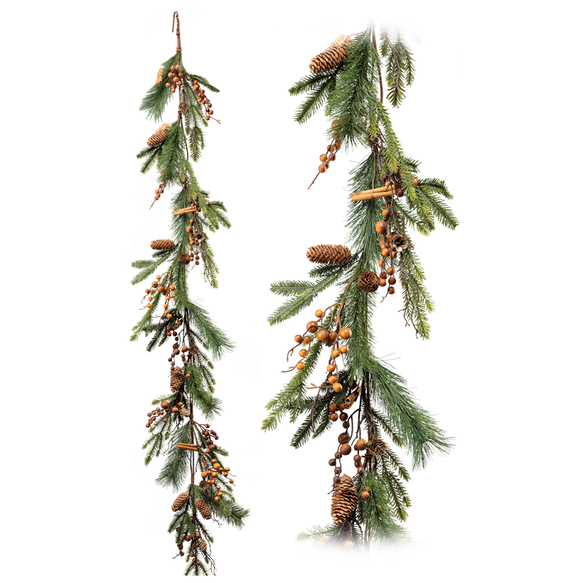 Fir garland, flexible, with hanger, 180cm out of plastic and styrofoam, with berries, real cones and cinnamon sticks