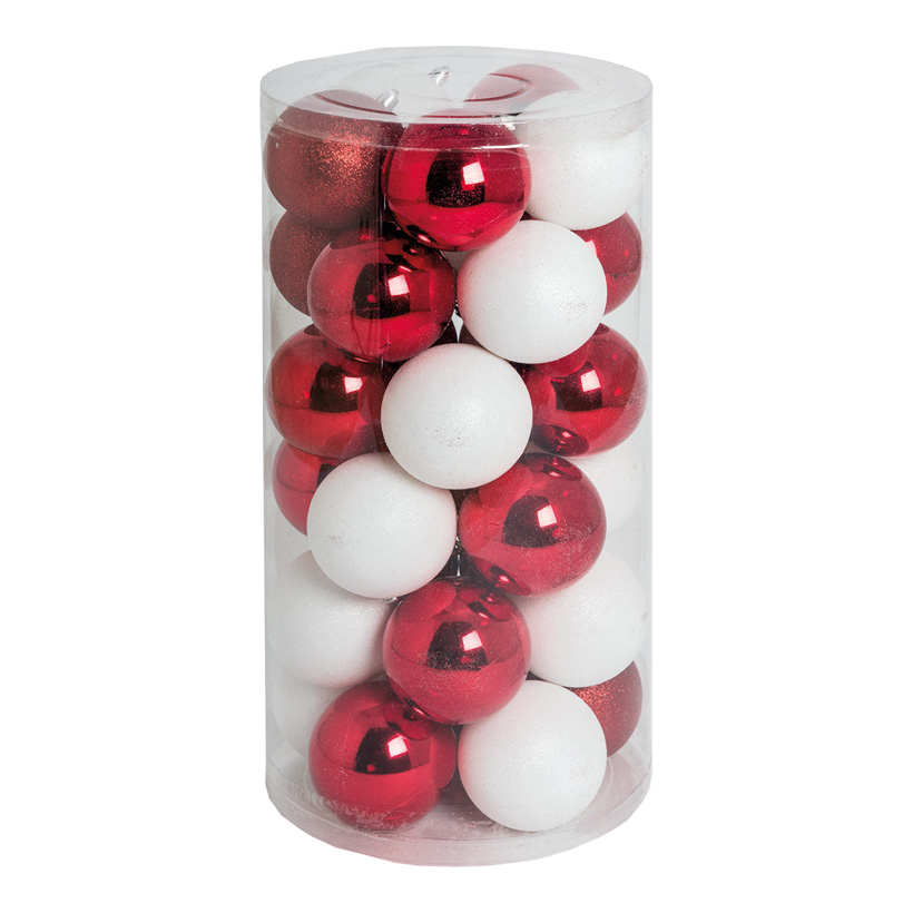 30 Boules de Noël, rouge/blanc, Ø 8cm en plastique, sous blister, 12x brillant rouge, 12x mat blanc, 6x scintillant rouge